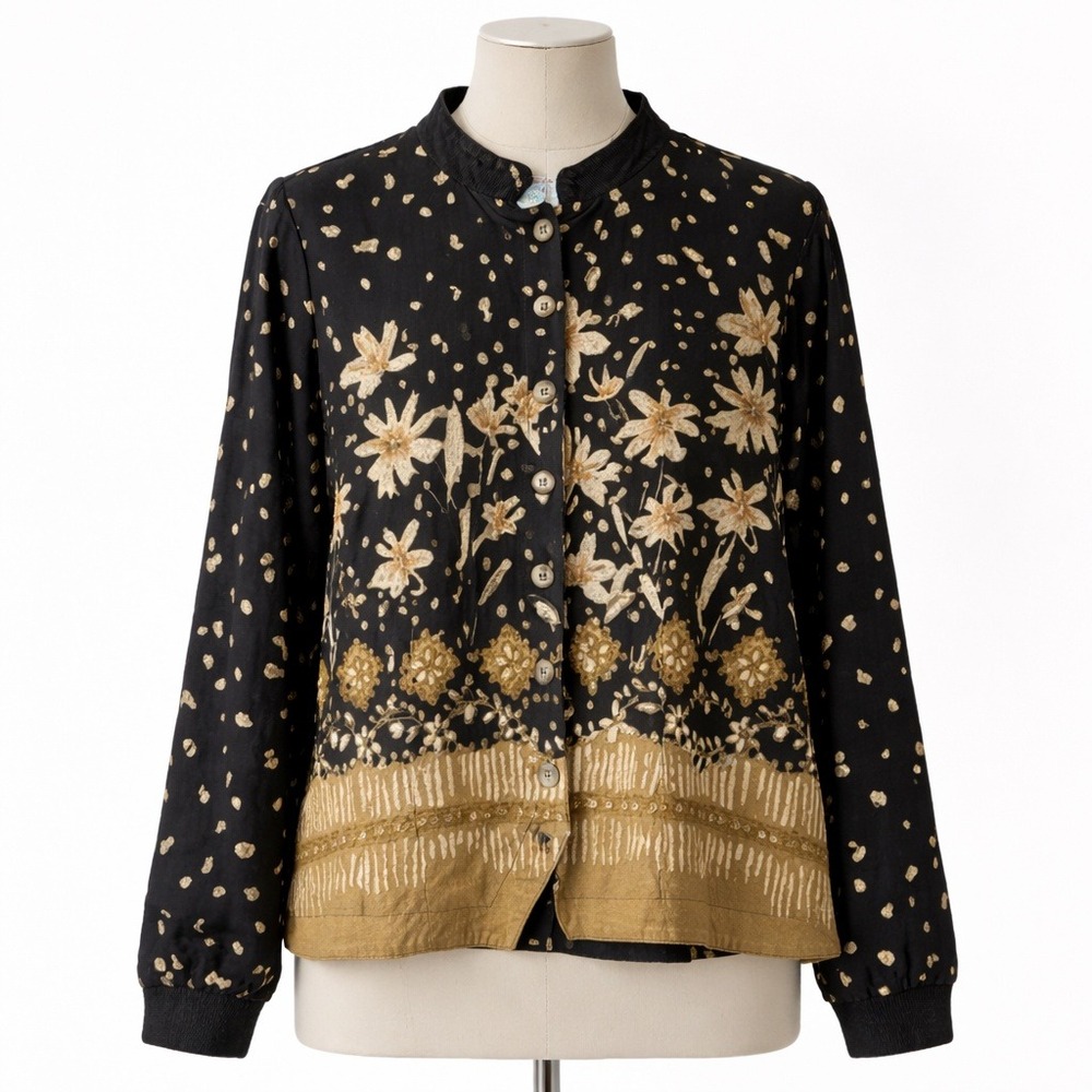 Vintage 90s Floral Corduroy Collar Top Size XL Black Gold Button Cottagecore